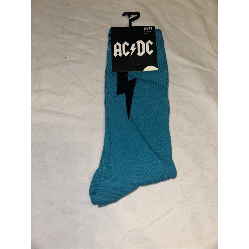 AC/DC Mens Crew Socks Teal Blue Lightning Bolt Band Logo Official Size 7-12 NEW